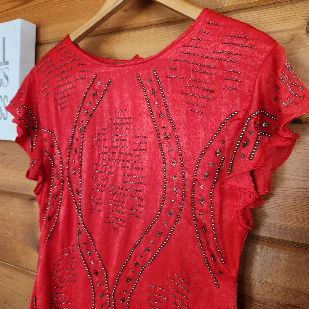 Free people Shine Like the Stars Red Mini Dress Satin Beaded Embellished Size XS